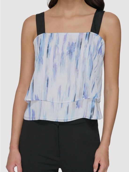 Dkny Tops - DKNY Women’s Size M Blue/White Abstract Chiffon Tank Cami Square Neck Zip